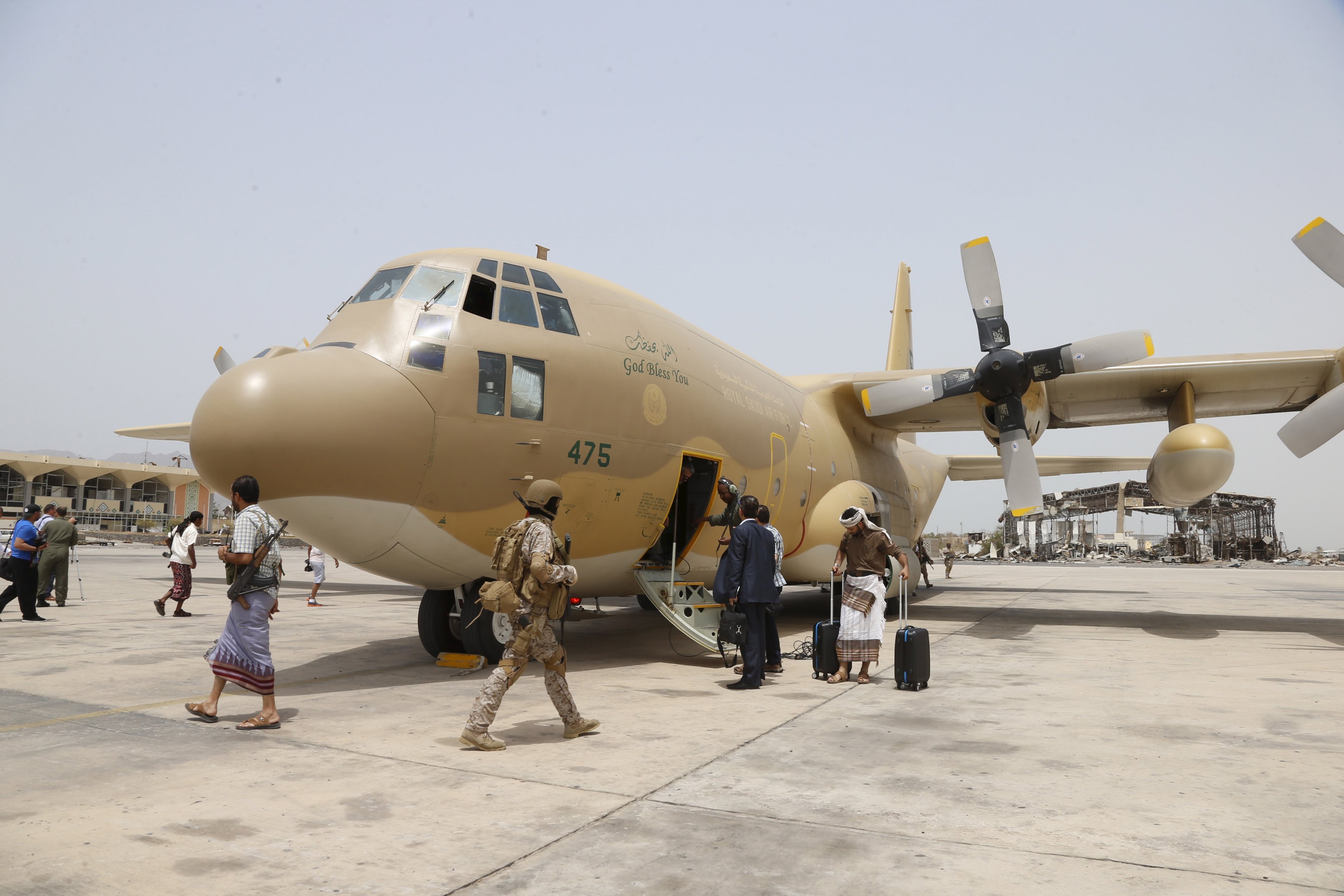 Saudi military cargo plane is seen at the international airport of Yemen’s southern port city of Aden