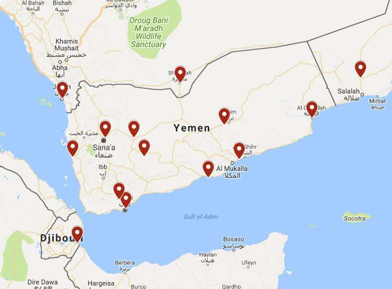 خريطة أرفقها موقع "ذا درايف" الأمريكي المتخصص بالشؤون العسكرية والتي حدد فيها المواقع والجبهات التي تتواجد فيها قوات أمريكية مشاركة في الحرب على اليمن مباشرة