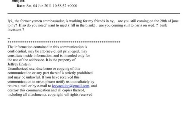وثيقة مرتبطة بجيفري إبستين تشير إلى اسم دبلوماسي يمني سابق