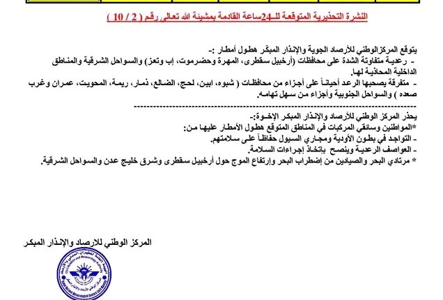 توقعات بهطول أمطار رعدية على 13 محافظة يمنية وتحذيرات لمرتادي البحر